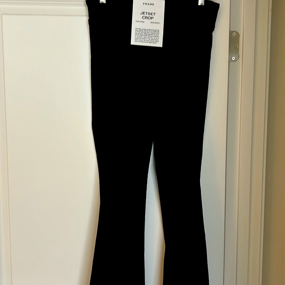 Frame Jetset crop.  High rise.  Mini-boot.  Perfect for flying.  Comfortable.